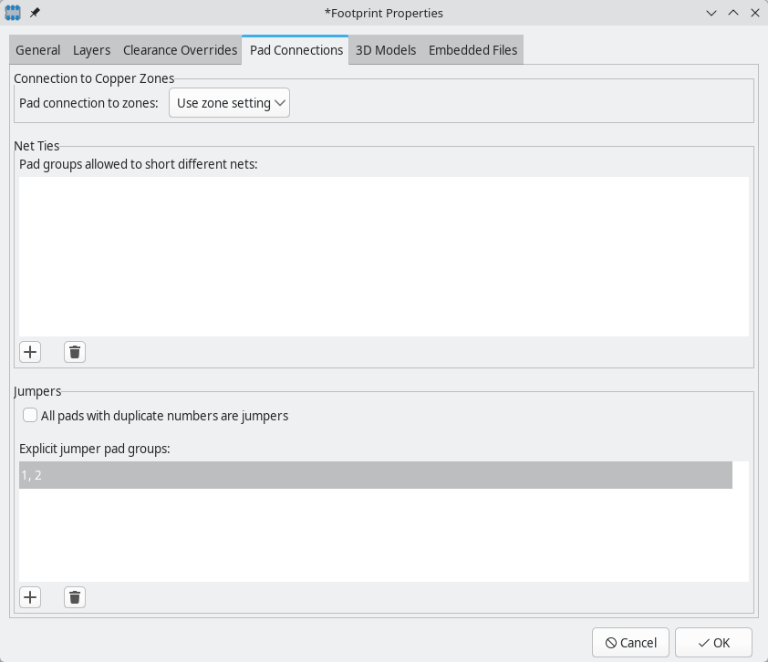 footprint editor properties pad connections jumpers
