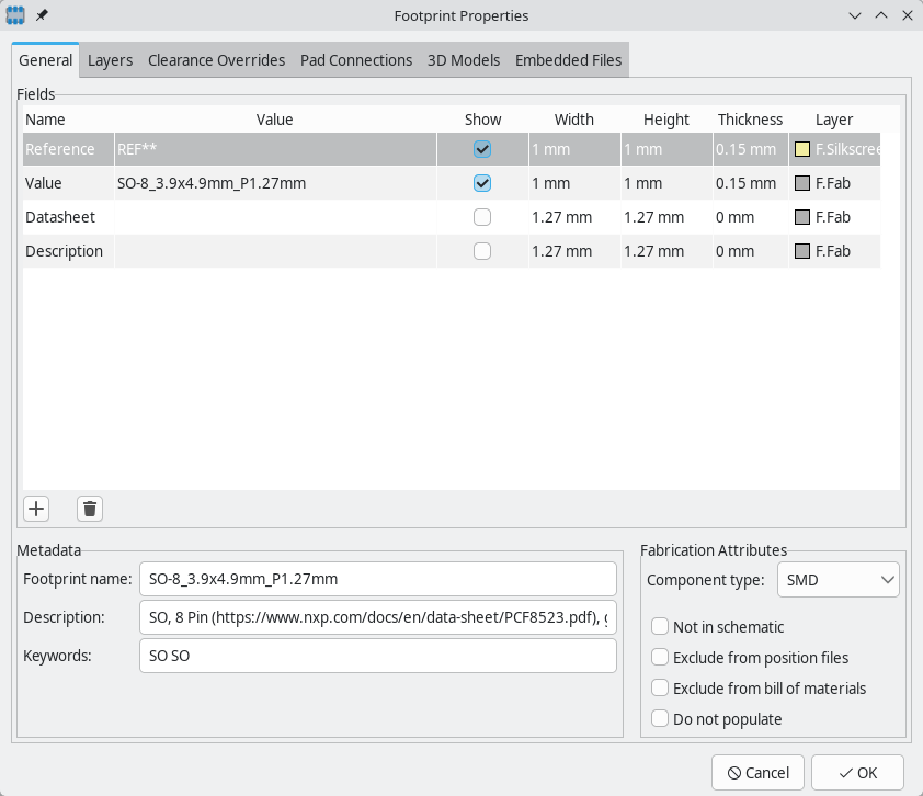 footprint editor properties general