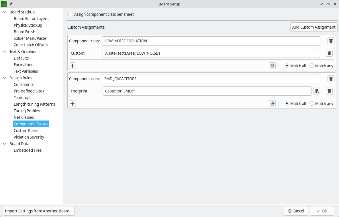 board setup component classes