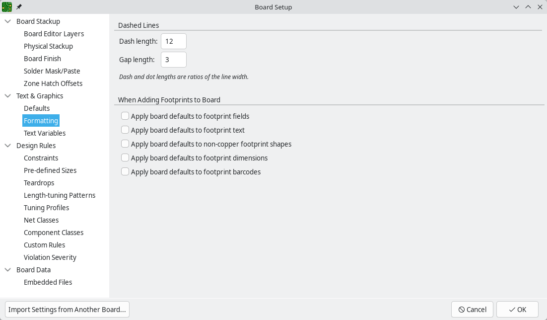 board setup formatting