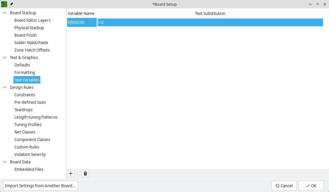 board setup text variables