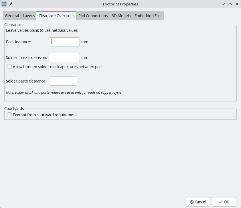 footprint editor properties clearance overrides