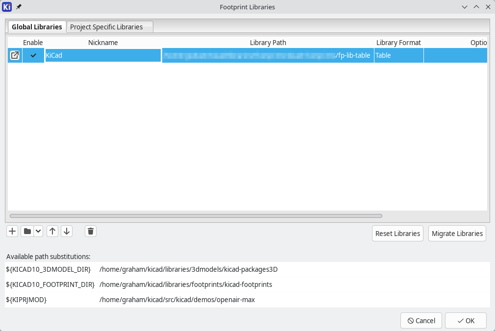 footprint library table dialog