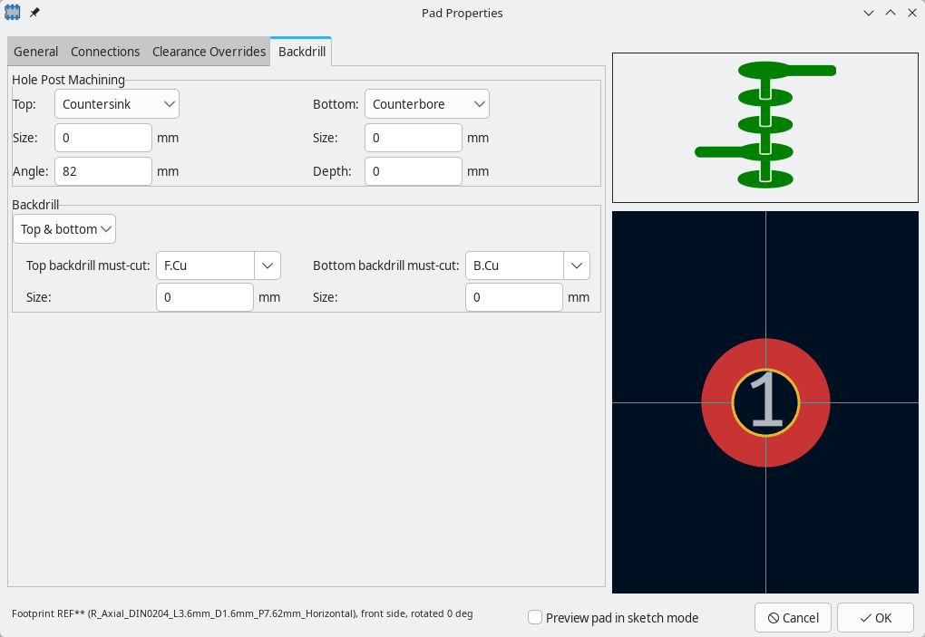 pad properties backdrill
